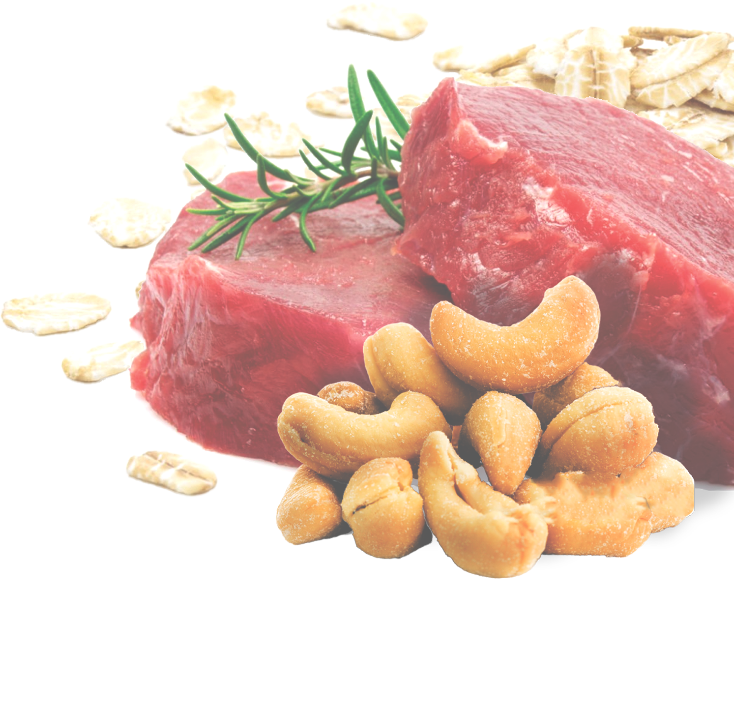 Schön angerichtetes rohes Fleisch mit Rosmarien und Nüssen.