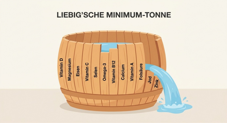 Die Liebig'sche Minimum-Tonne - die kürzeste Daube bestimmt, wie viel Wasser die Tonne halten kann.
