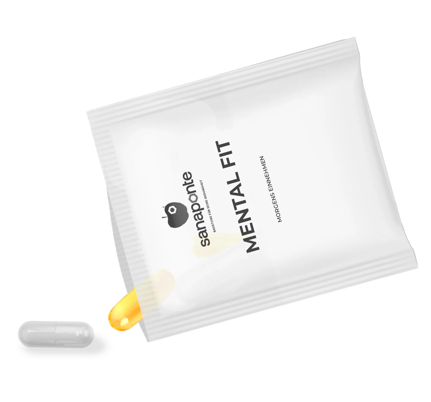 Ein Beutel von Mental Fit, aus dem die Tabletten fallen.